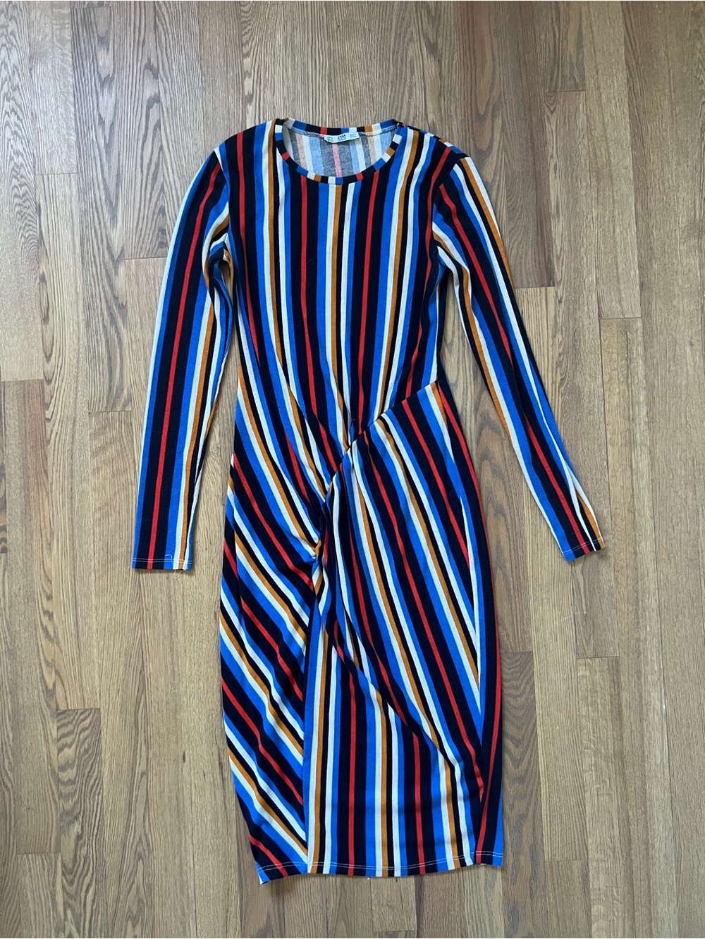 Zara Multistripe Long Sleeve Twist-Knot Dress — Blue, Red, Yellow, White, Black